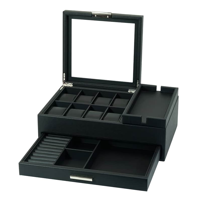 Wooden 8- Slot Watch Box With Drawer Jet Black