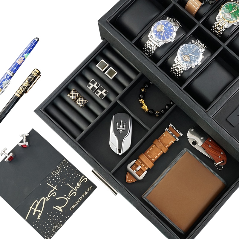 Wooden 8- Slot Watch Box With Drawer Jet Black