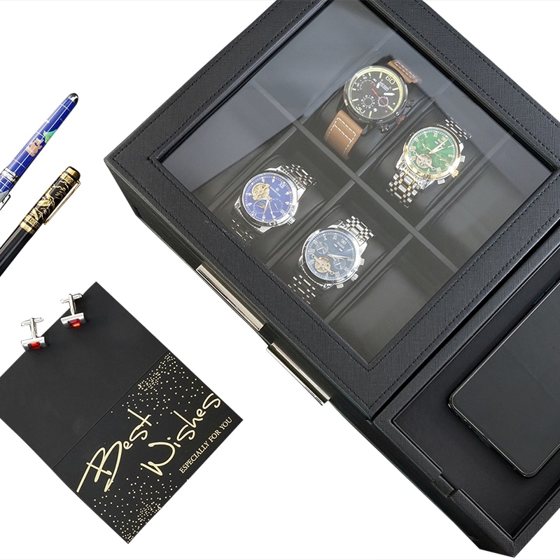 Wooden 8- Slot Watch Box With Drawer Jet Black