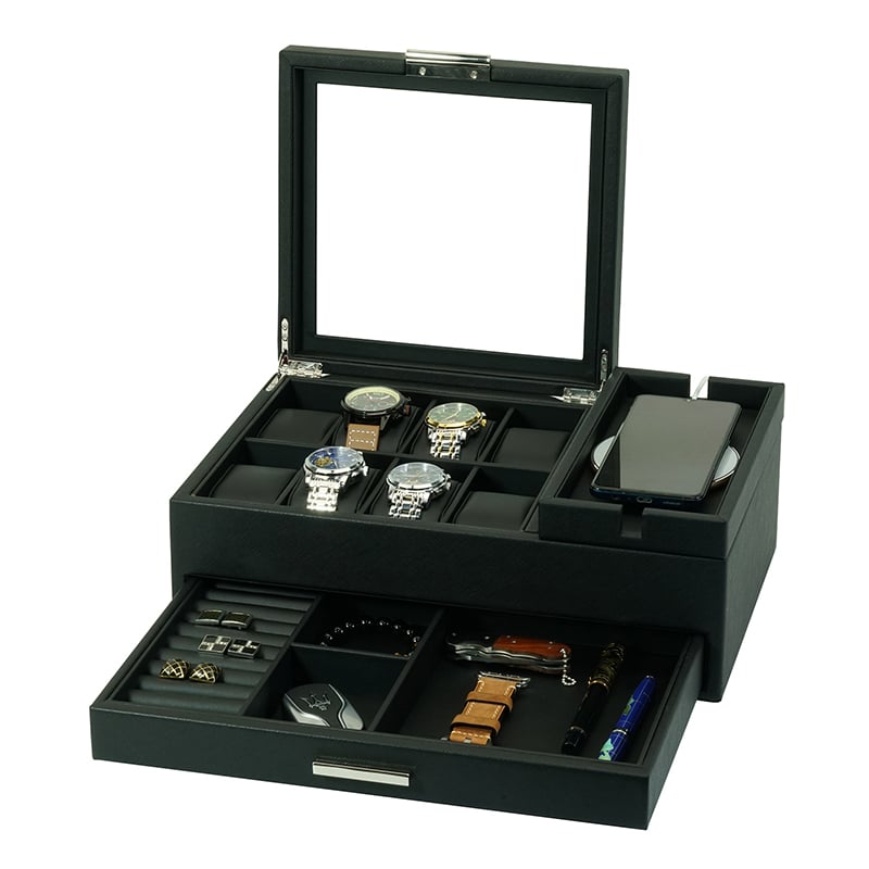 Wooden 8- Slot Watch Box With Drawer Jet Black