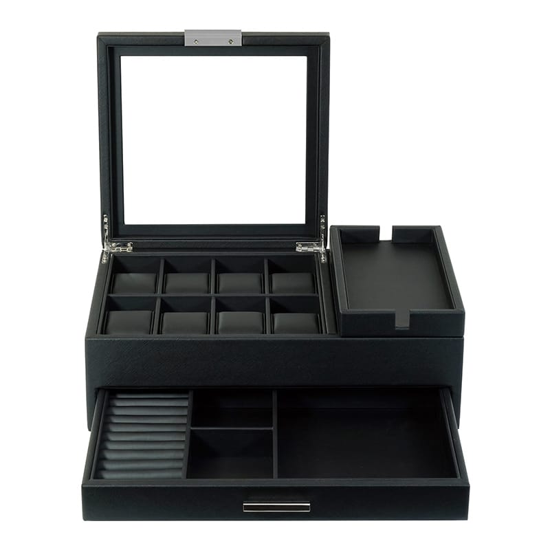 Wooden 8- Slot Watch Box With Drawer Jet Black