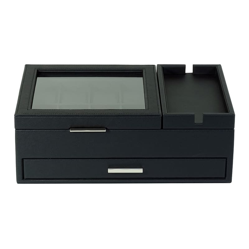 Wooden 8- Slot Watch Box With Drawer Jet Black