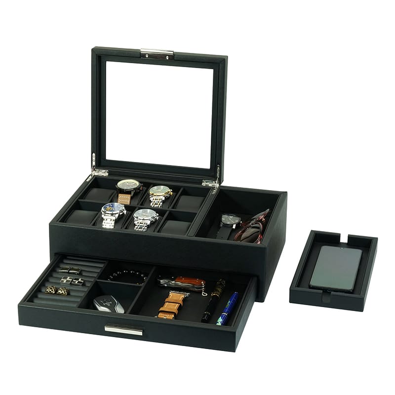 Wooden 8- Slot Watch Box With Drawer Jet Black