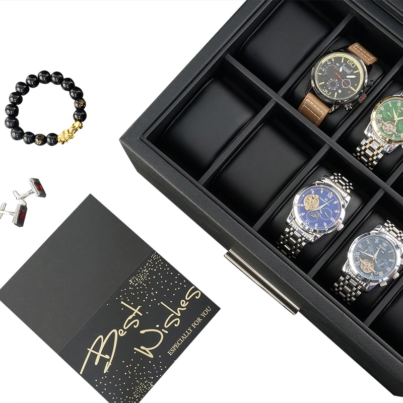 Wooden 10- Slot Watch Box With Drawer - Jet Black