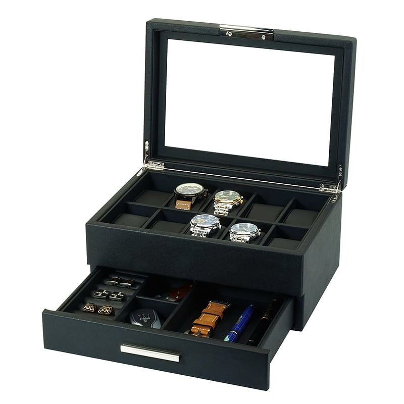 Wooden 10- Slot Watch Box With Drawer - Jet Black
