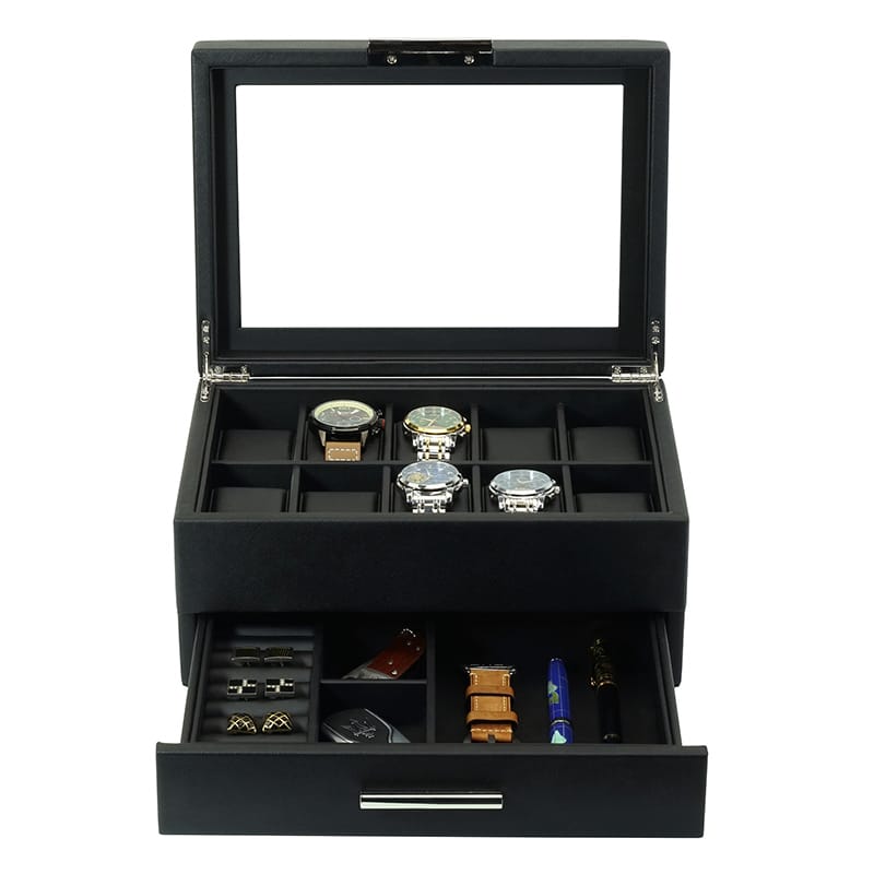 Wooden 10- Slot Watch Box With Drawer - Jet Black