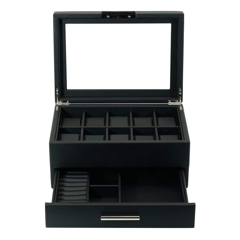 Wooden 10- Slot Watch Box With Drawer - Jet Black