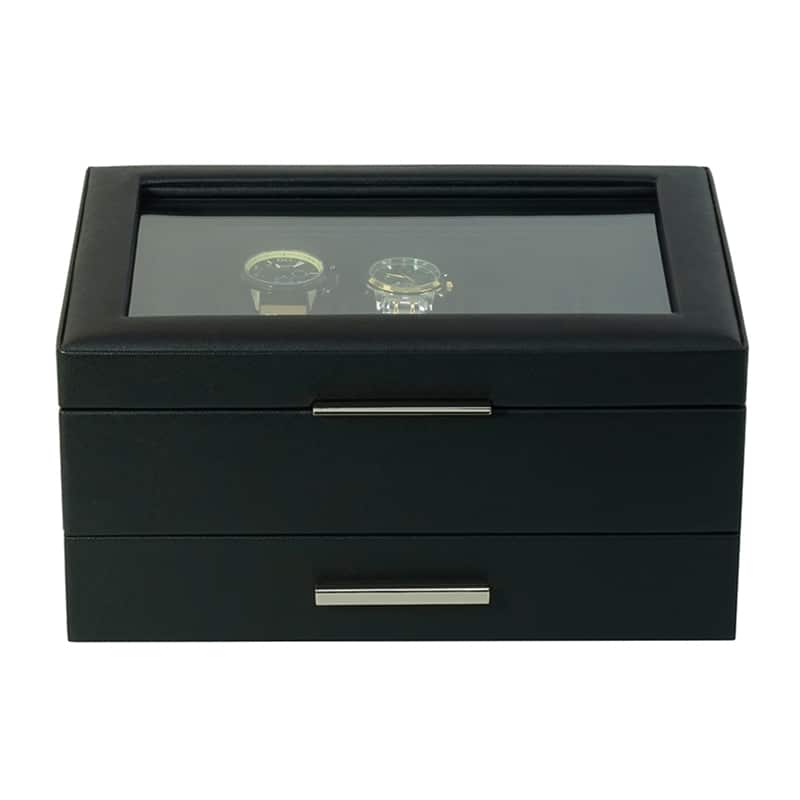 Wooden 10- Slot Watch Box With Drawer - Jet Black