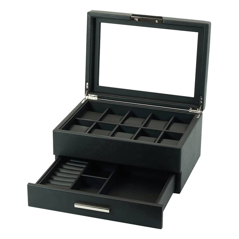 Wooden 10- Slot Watch Box With Drawer - Jet Black