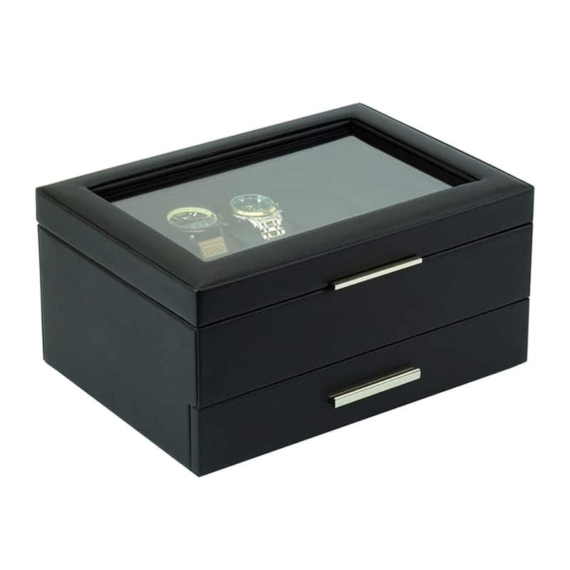 Wooden 10- Slot Watch Box With Drawer - Jet Black