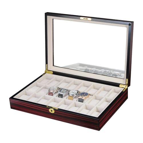 24 Slot Deep Mahogany Wooden Watch Box