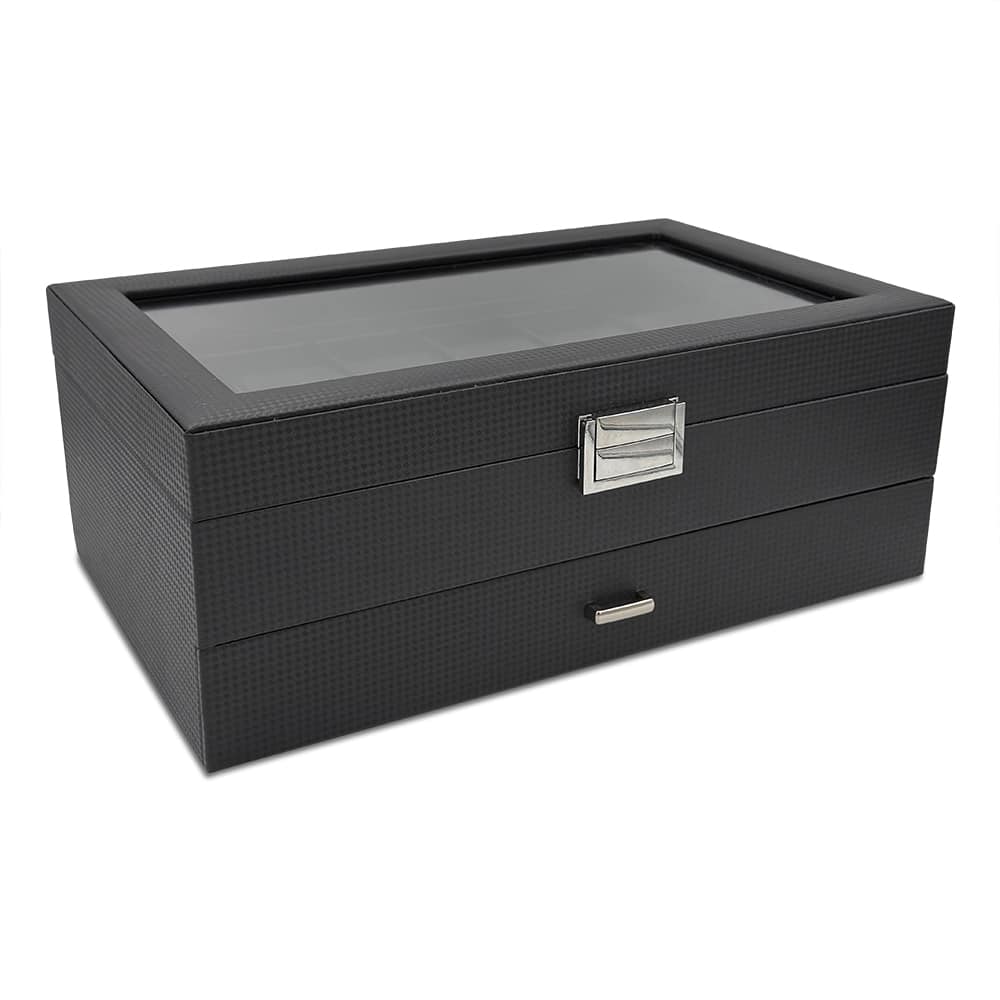 12 Slot Carbon Watch Box w/ Multi Purpose Draw