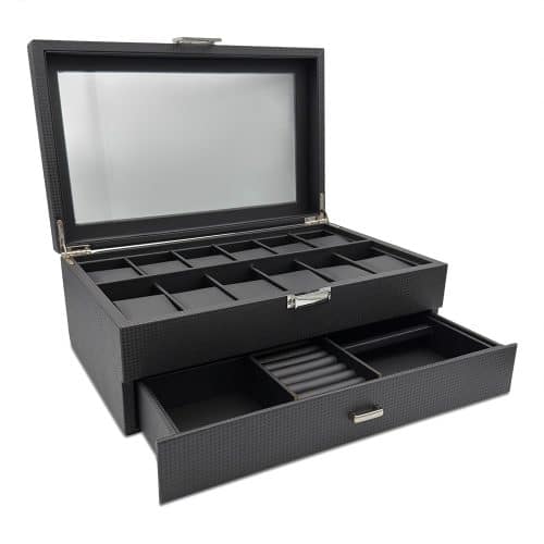 12 Slot Carbon Watch Box w/ Multi Purpose Draw