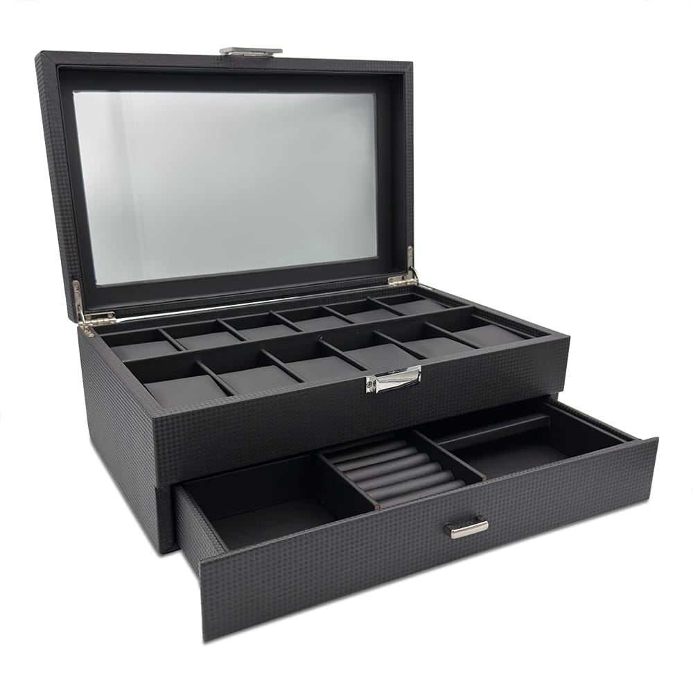 12 Slot Carbon Watch Box w/ Multi Purpose Draw