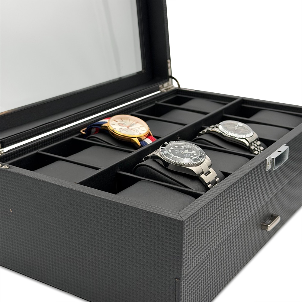 12 Slot Carbon Watch Box w/ Multi Purpose Draw