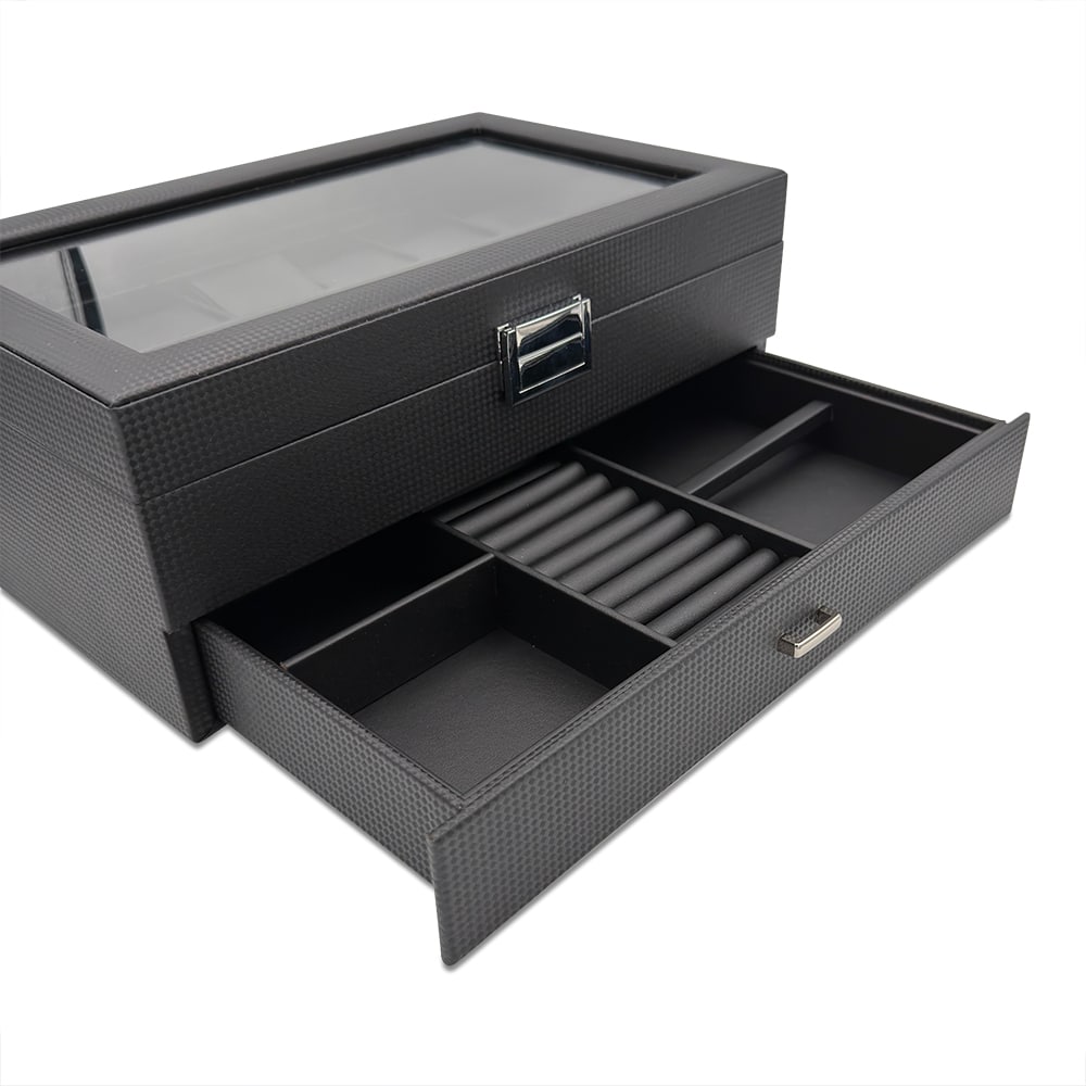12 Slot Carbon Watch Box w/ Multi Purpose Draw