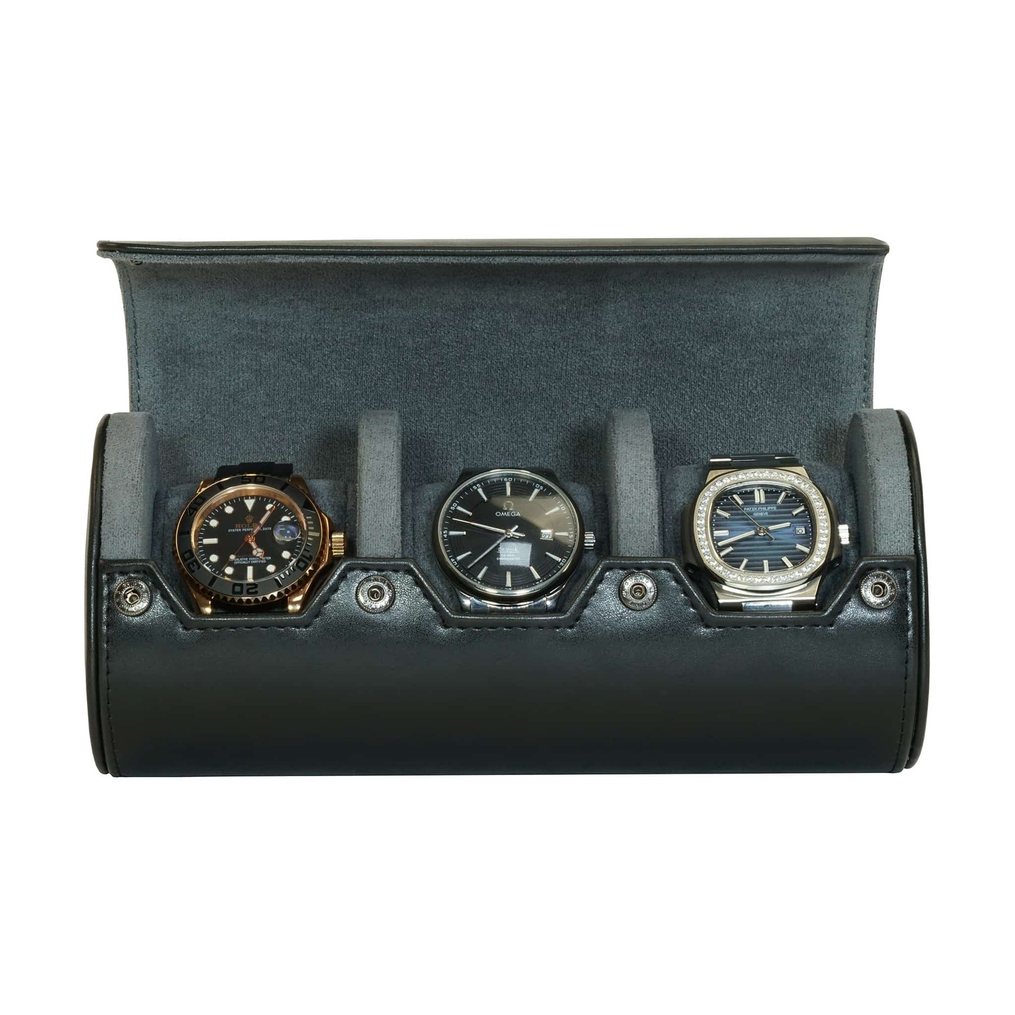 Black Leather Travel Watch Case - 3 Slots
