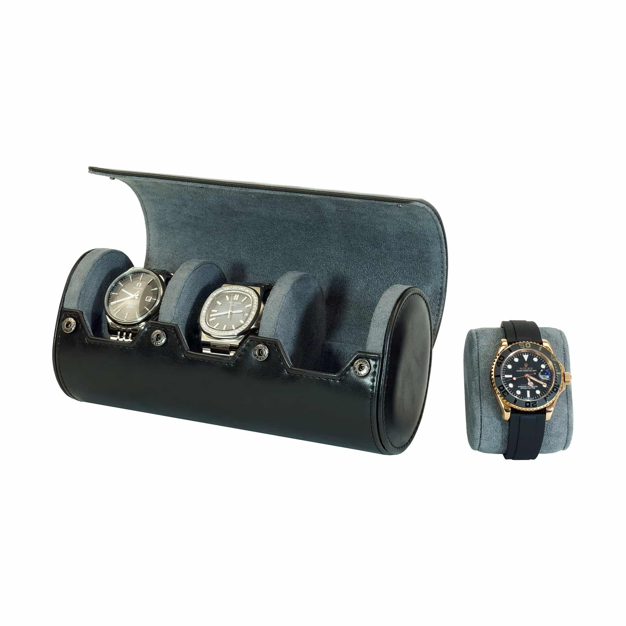 Black Leather Travel Watch Case - 3 Slots