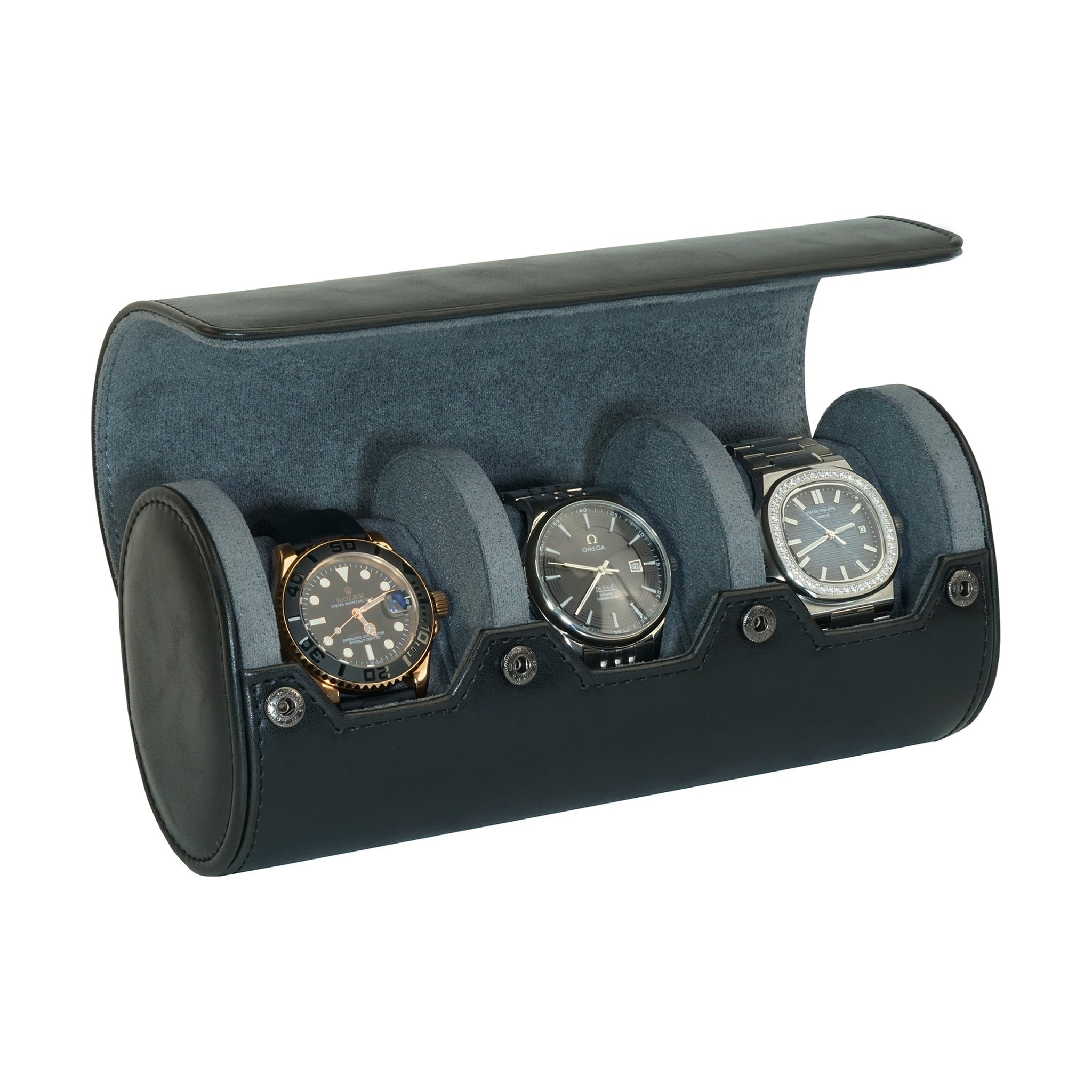 Black Leather Travel Watch Case - 3 Slots