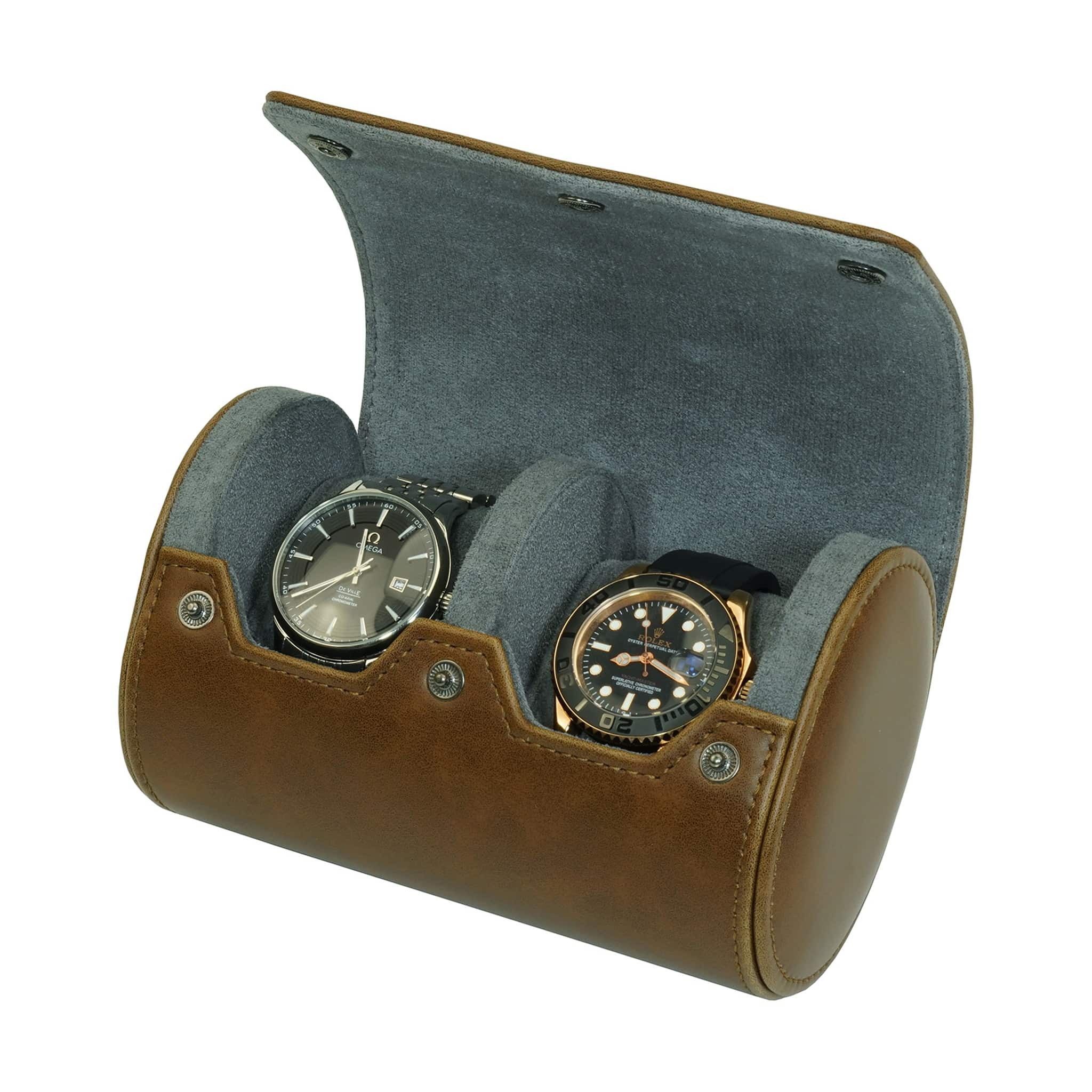 Brown Leather Travel Watch Case - 2 Slots