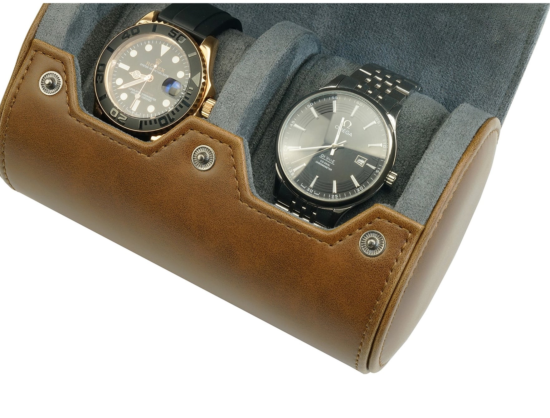 Brown Leather Travel Watch Case - 2 Slots